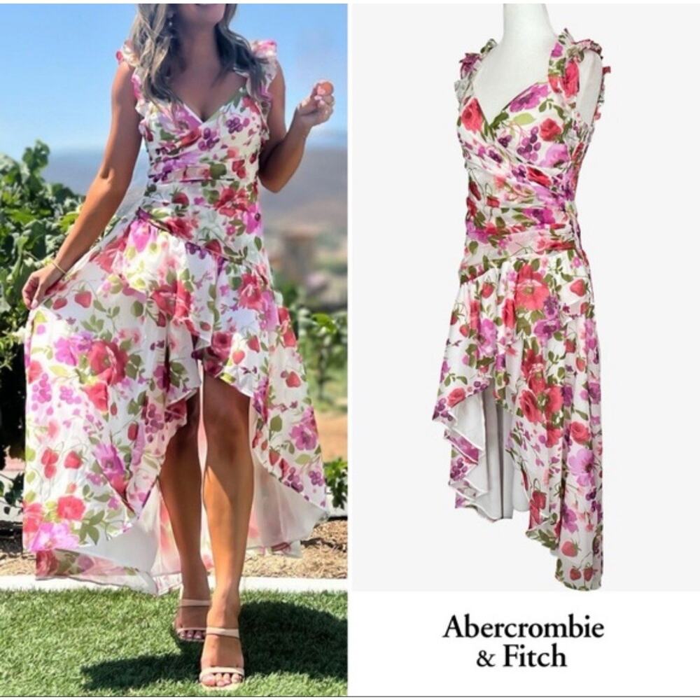 NWT Abercrombie And Fitch Pink Floral Ruffle High Low Maxi Dress Small Tall